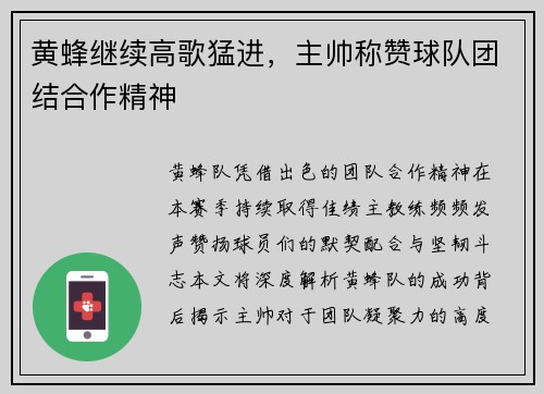 黄蜂继续高歌猛进，主帅称赞球队团结合作精神
